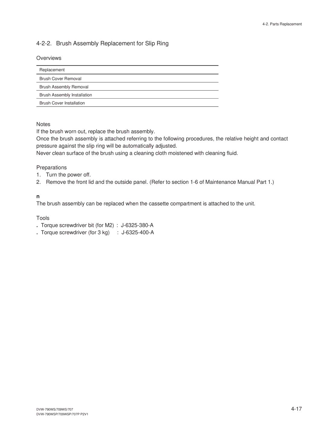 Sony DVW-709WS/709WSP, DVW-790WS/790WSP manual Brush Assembly Replacement for Slip Ring, Overviews 