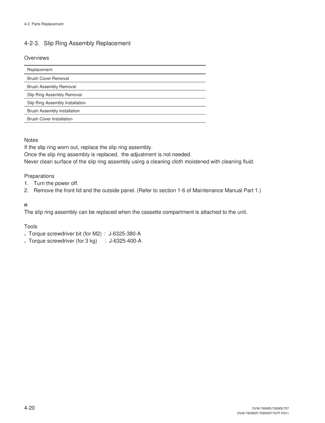 Sony DVW-790WS/790WSP, DVW-709WS/709WSP manual Slip Ring Assembly Replacement, Overviews 