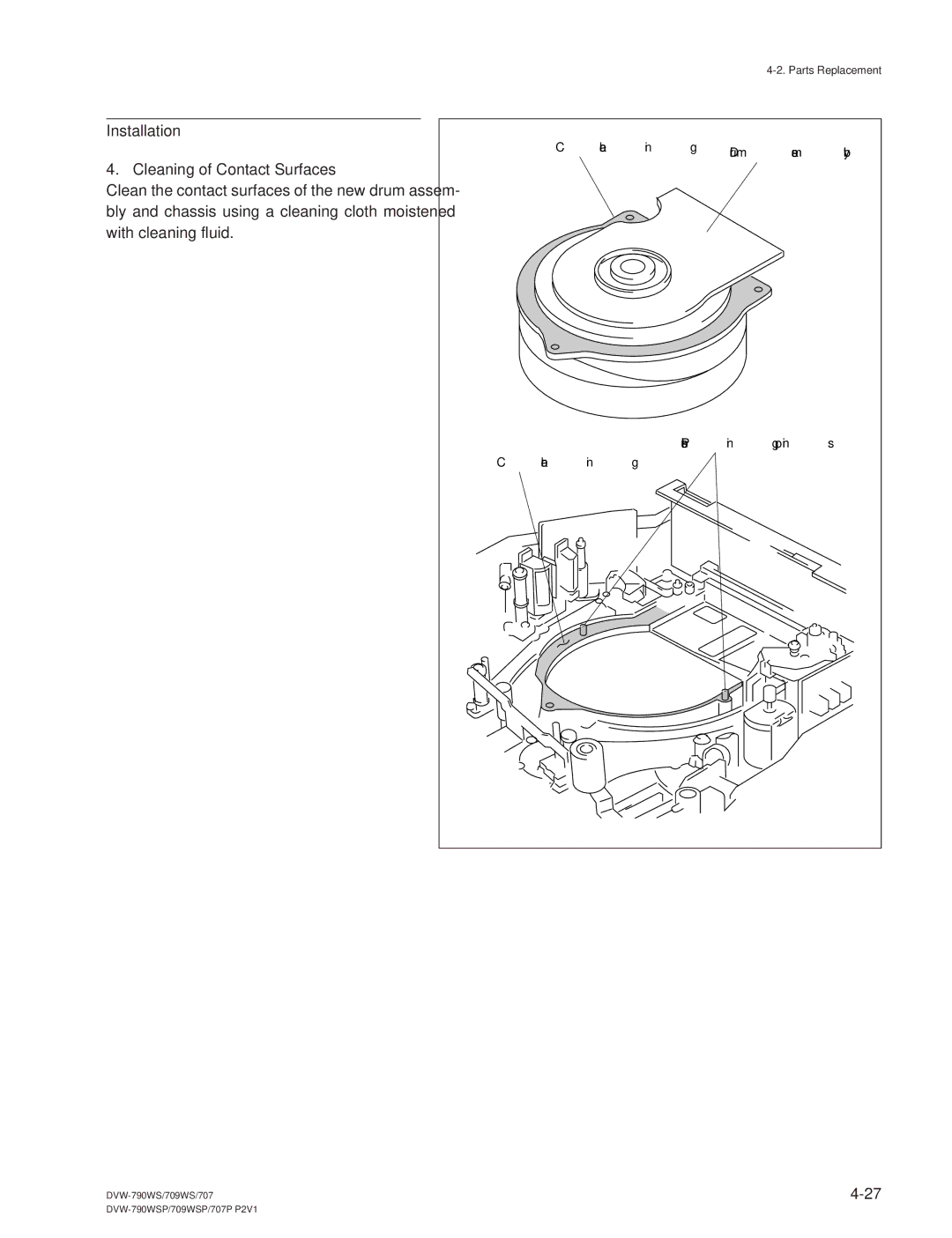 Sony DVW-709WS/709WSP, DVW-790WS/790WSP manual Cleaning Drum assembly Positioning pins 