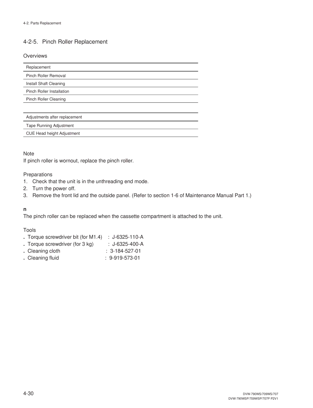 Sony DVW-790WS/790WSP, DVW-709WS/709WSP manual Pinch Roller Replacement, Overviews 