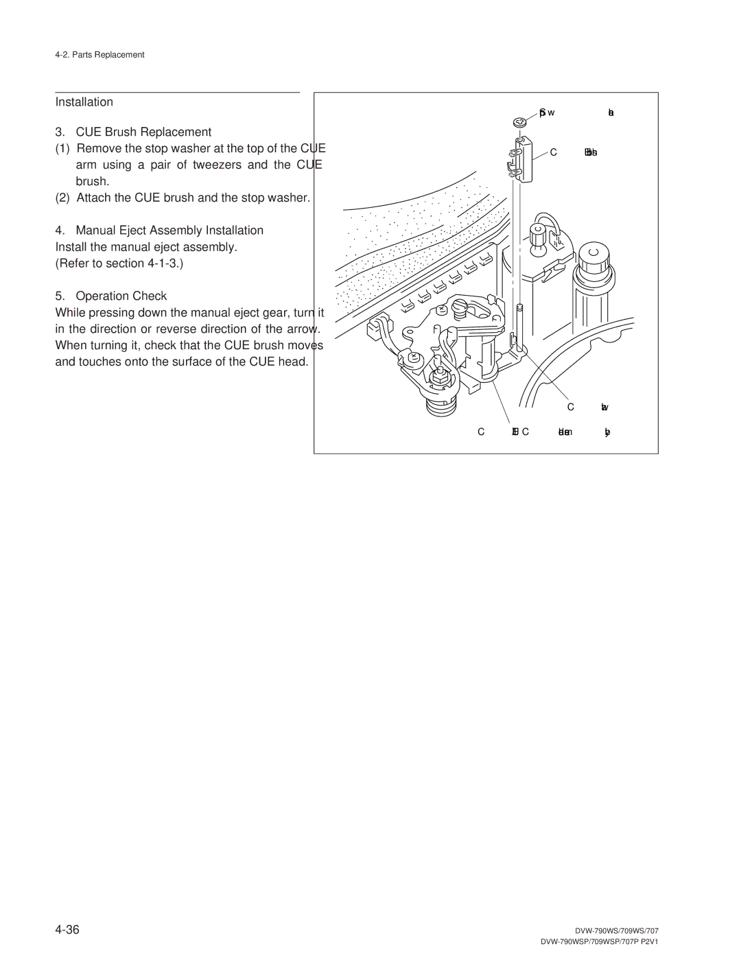 Sony DVW-790WS/790WSP manual Installation CUE Brush Replacement, Manual Eject Assembly Installation, Operation Check 