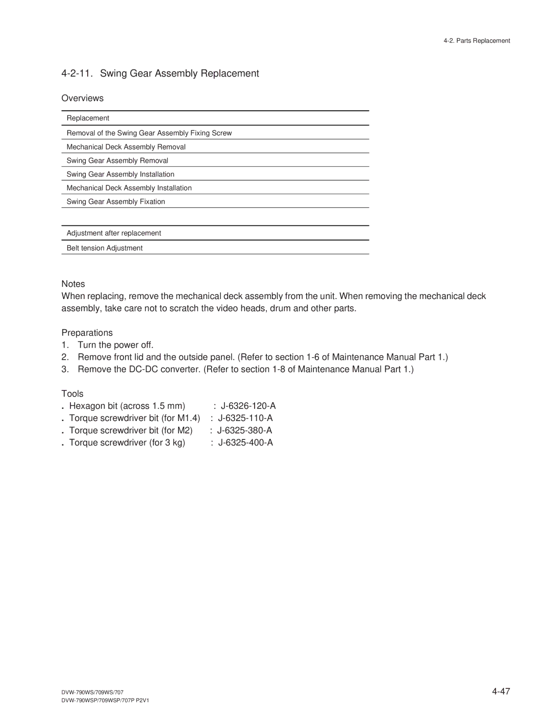 Sony DVW-709WS/709WSP, DVW-790WS/790WSP manual Swing Gear Assembly Replacement, Overviews 