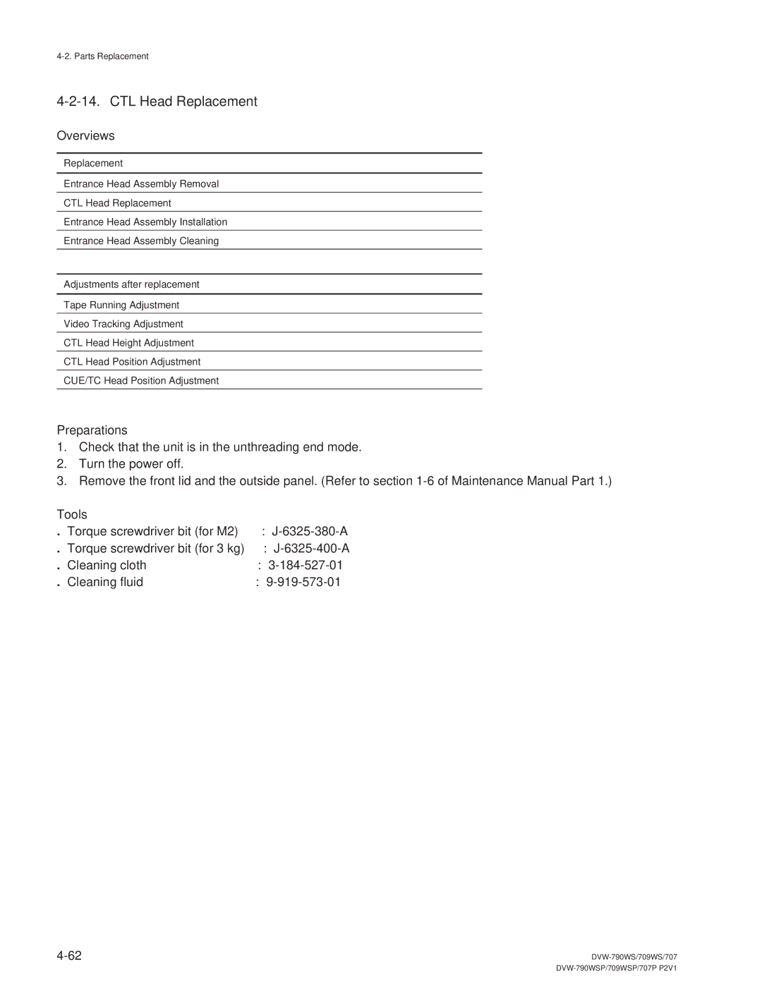 Sony DVW-790WS/790WSP, DVW-709WS/709WSP manual CTL Head Replacement, Overviews 