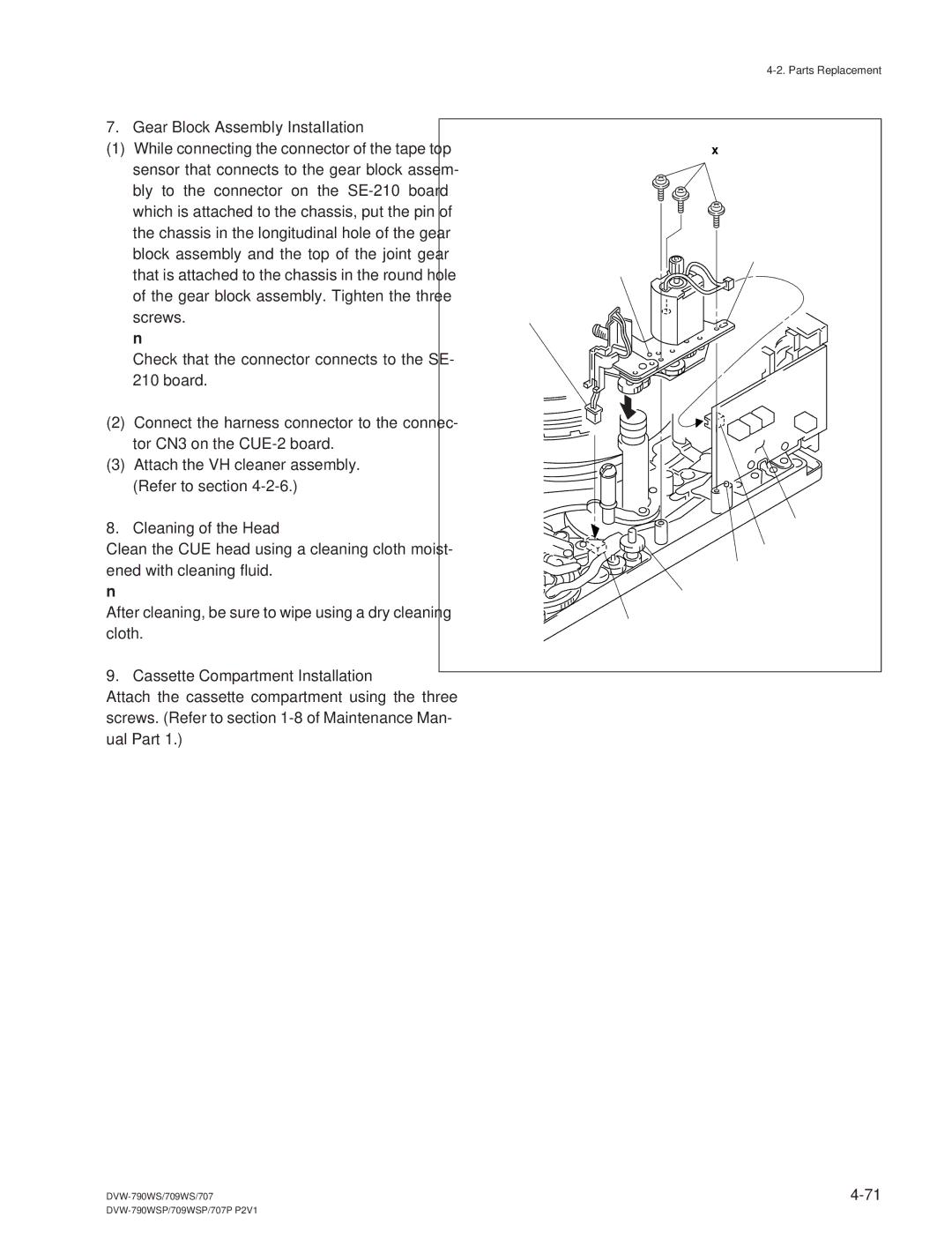 Sony DVW-709WS/709WSP manual Gear Block AssembIy InstaIIation, Cleaning of the Head, Cassette Compartment Installation 