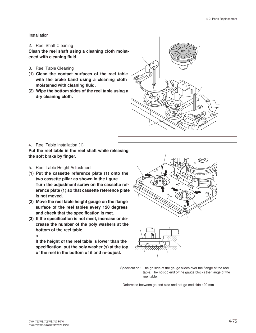 Sony DVW-709WS/709WSP manual Installation Reel Shaft Cleaning, Reel Table Installation, Reel Table Height Adjustment 