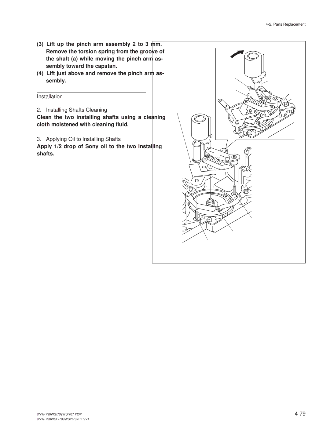 Sony DVW-709WS/709WSP, DVW-790WS/790WSP manual Installation Installing Shafts Cleaning, Applying Oil to Installing Shafts 