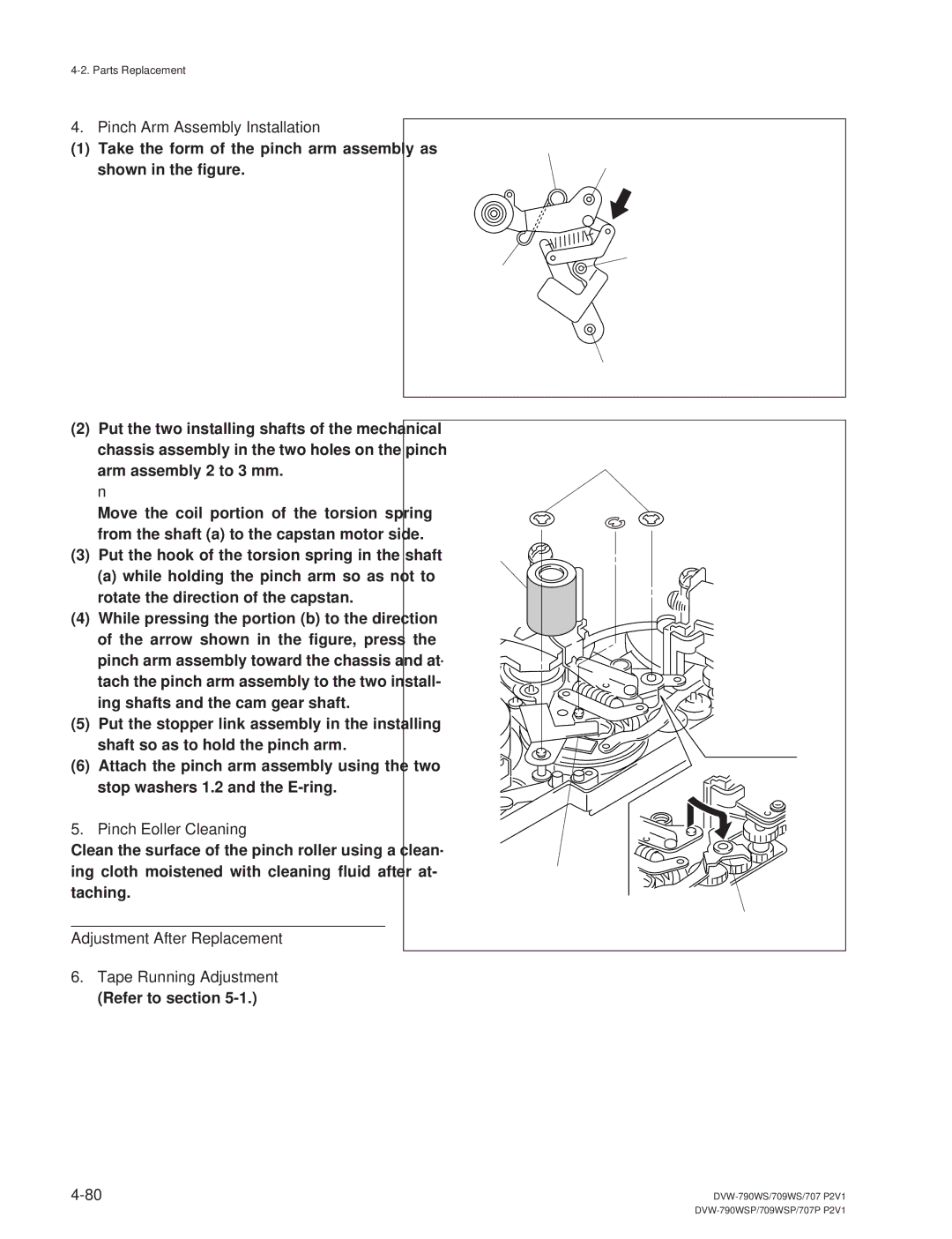 Sony DVW-790WS/790WSP, DVW-709WS/709WSP manual Pinch Arm Assembly Installation, Pinch Eoller Cleaning 