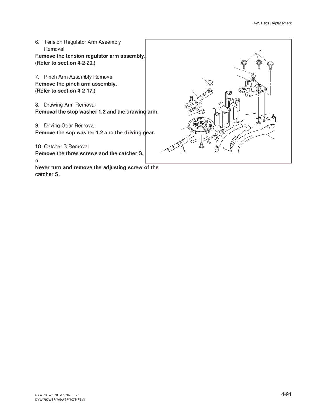 Sony DVW-709WS/709WSP, DVW-790WS/790WSP manual Drawing Arm Removal, Driving Gear Removal, Catcher S Removal 