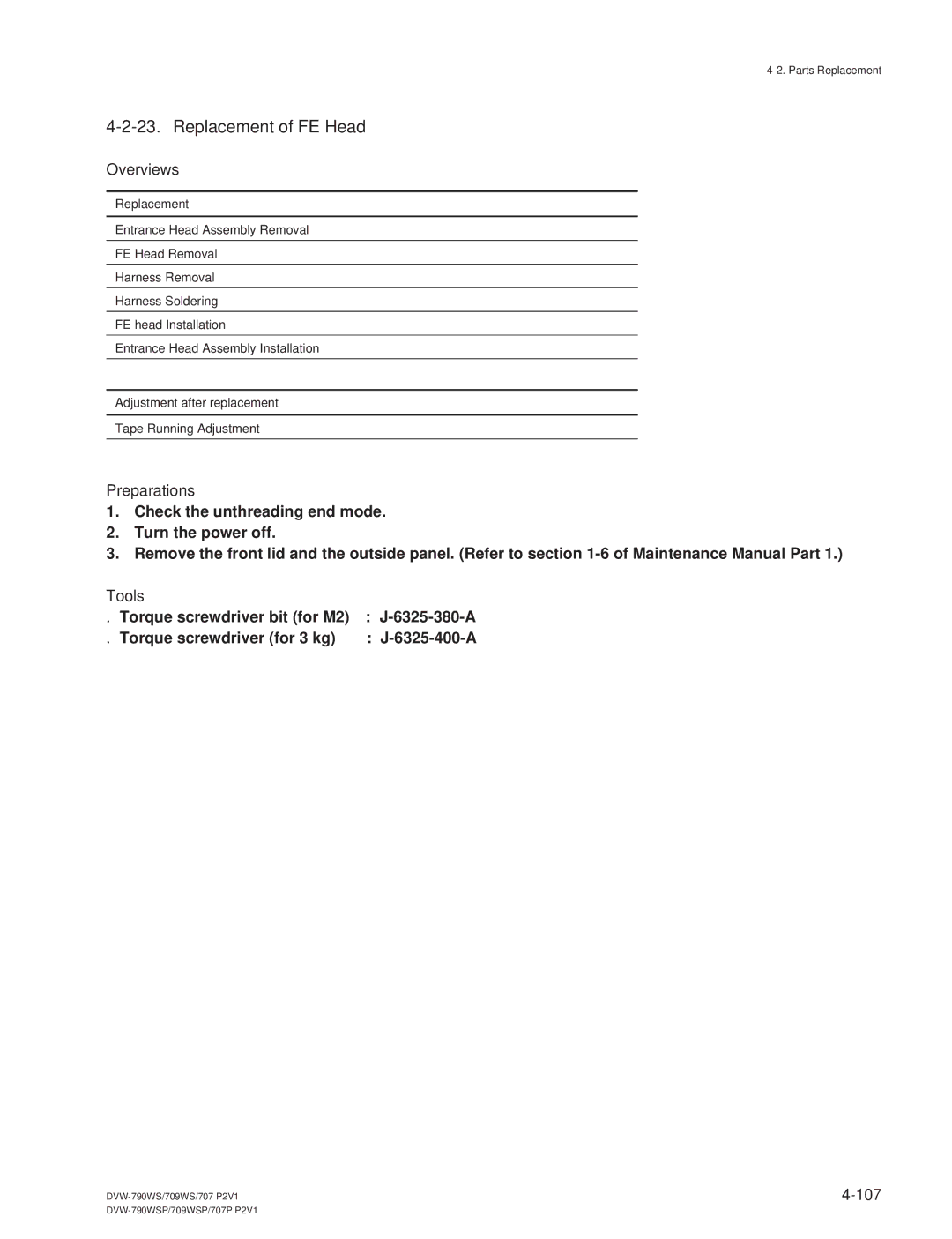 Sony DVW-709WS/709WSP, DVW-790WS/790WSP manual Replacement of FE Head, Overviews 