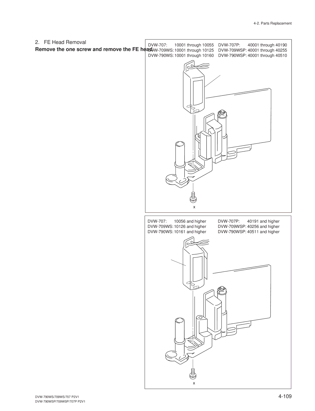 Sony DVW-709WS/709WSP, DVW-790WS/790WSP manual FE Head Removal, Remove the one screw and remove the FE head 