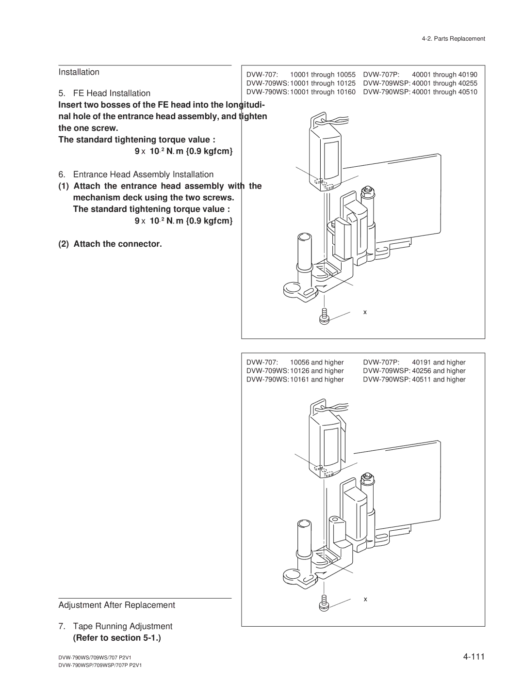 Sony DVW-709WS/709WSP, DVW-790WS/790WSP manual Installation FE Head Installation, Entrance Head Assembly Installation 