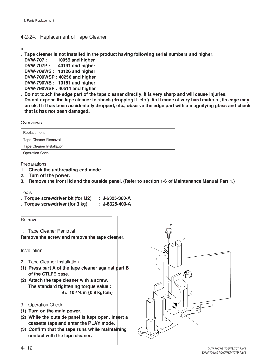 Sony DVW-790WS/790WSP manual Replacement of Tape Cleaner, Tape Cleaner Removal, Installation Tape Cleaner Installation 