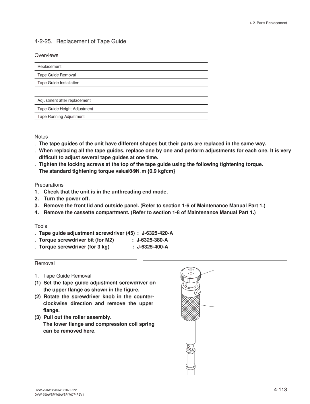 Sony DVW-709WS/709WSP, DVW-790WS/790WSP manual Replacement of Tape Guide, Tape Guide Removal 