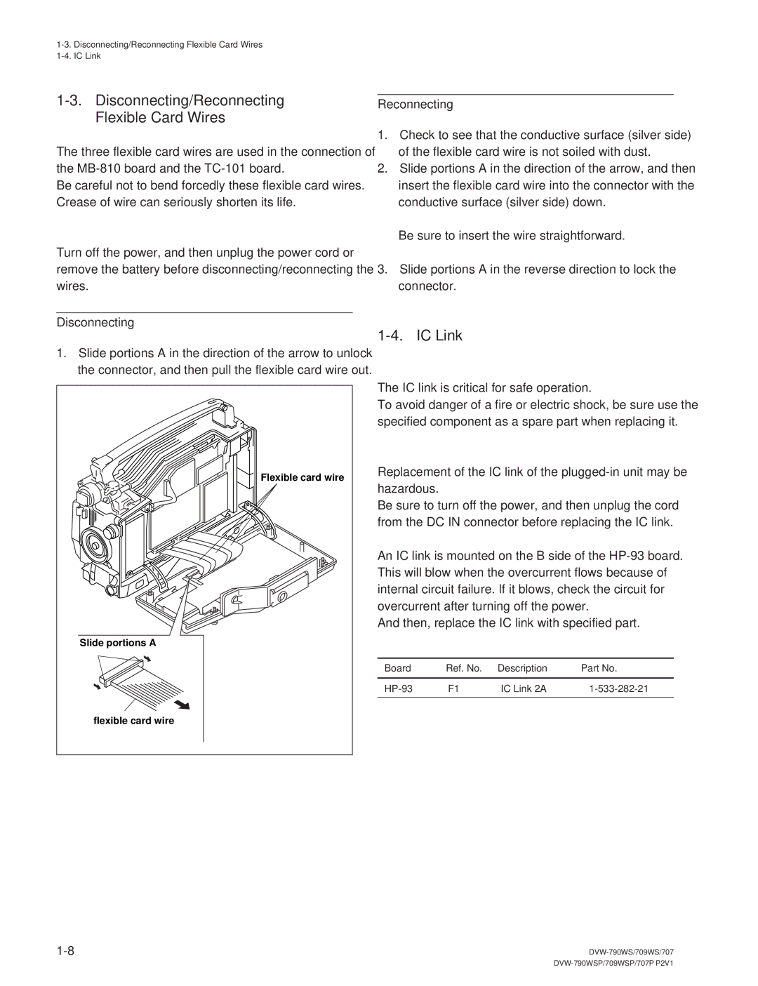 Sony DVW-790WS/790WSP, DVW-709WS/709WSP manual Disconnecting/Reconnecting Flexible Card Wires, IC Link 