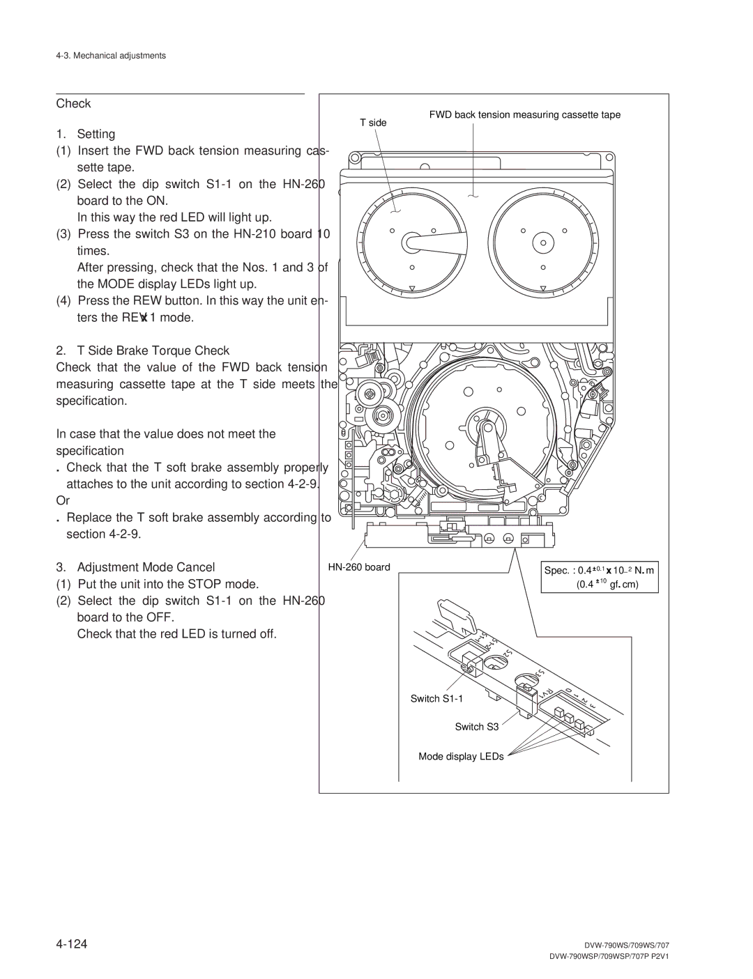 Sony DVW-790WS/790WSP manual Check Setting, Side Brake Torque Check, Case that the value does not meet the specification 