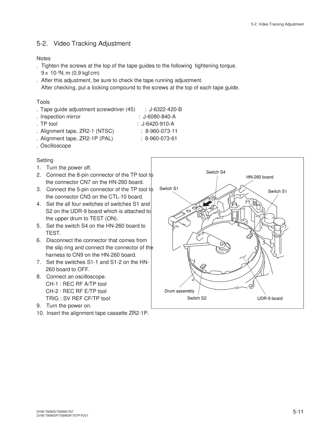 Sony DVW-709WS/709WSP, DVW-790WS/790WSP manual Video Tracking Adjustment, Tools 