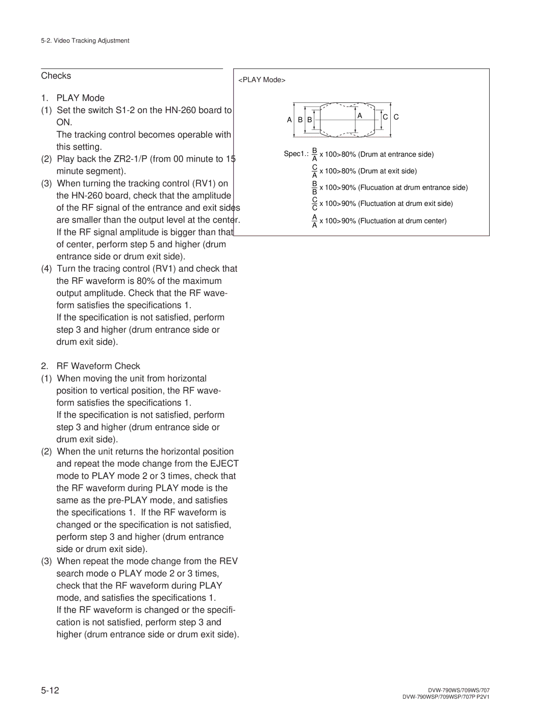 Sony DVW-790WS/790WSP, DVW-709WS/709WSP manual Checks Play Mode, RF Waveform Check 