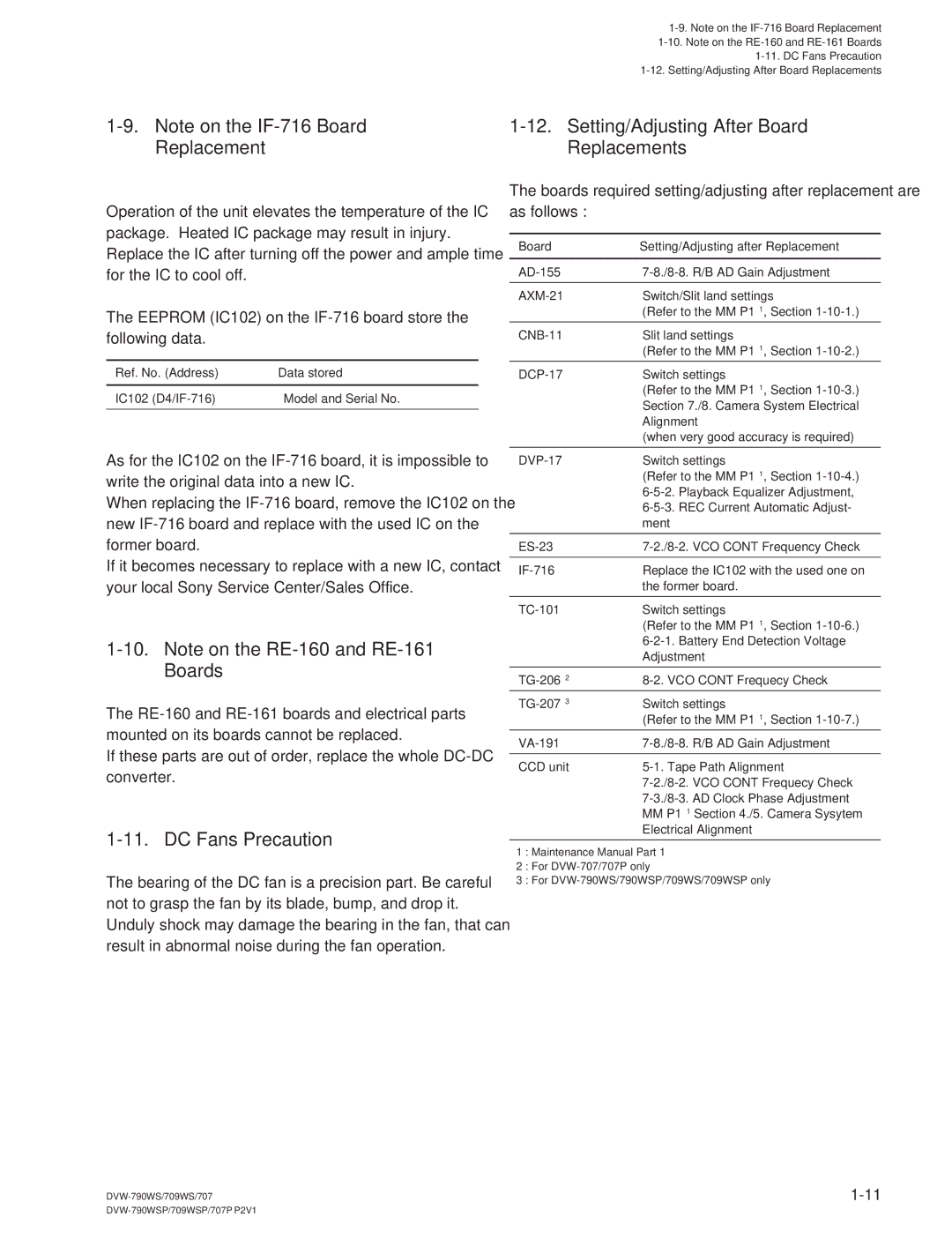Sony DVW-709WS/709WSP, DVW-790WS/790WSP manual DC Fans Precaution, Setting/Adjusting After Board Replacements 