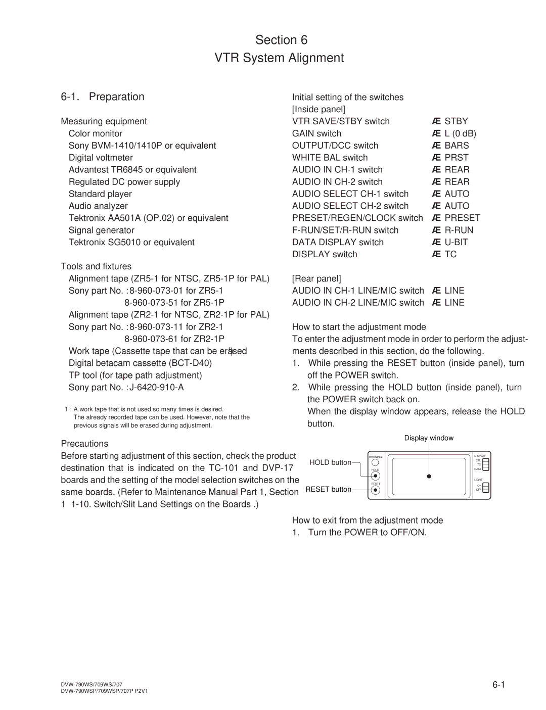 Sony DVW-709WS/709WSP, DVW-790WS/790WSP manual Preparation 