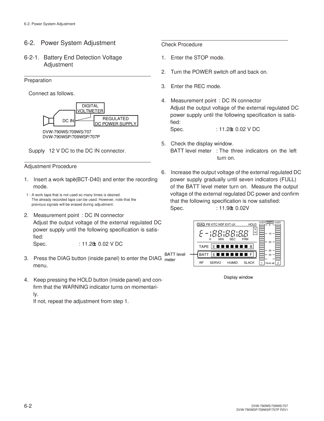 Sony DVW-790WS/790WSP Power System Adjustment, Battery End Detection Voltage Adjustment, Preparation, Adjustment Procedure 