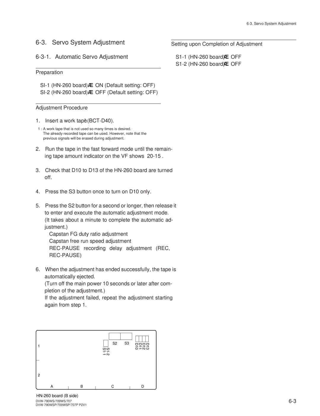 Sony DVW-709WS/709WSP manual Servo System Adjustment, Automatic Servo Adjustment, Setting upon Completion of Adjustment 