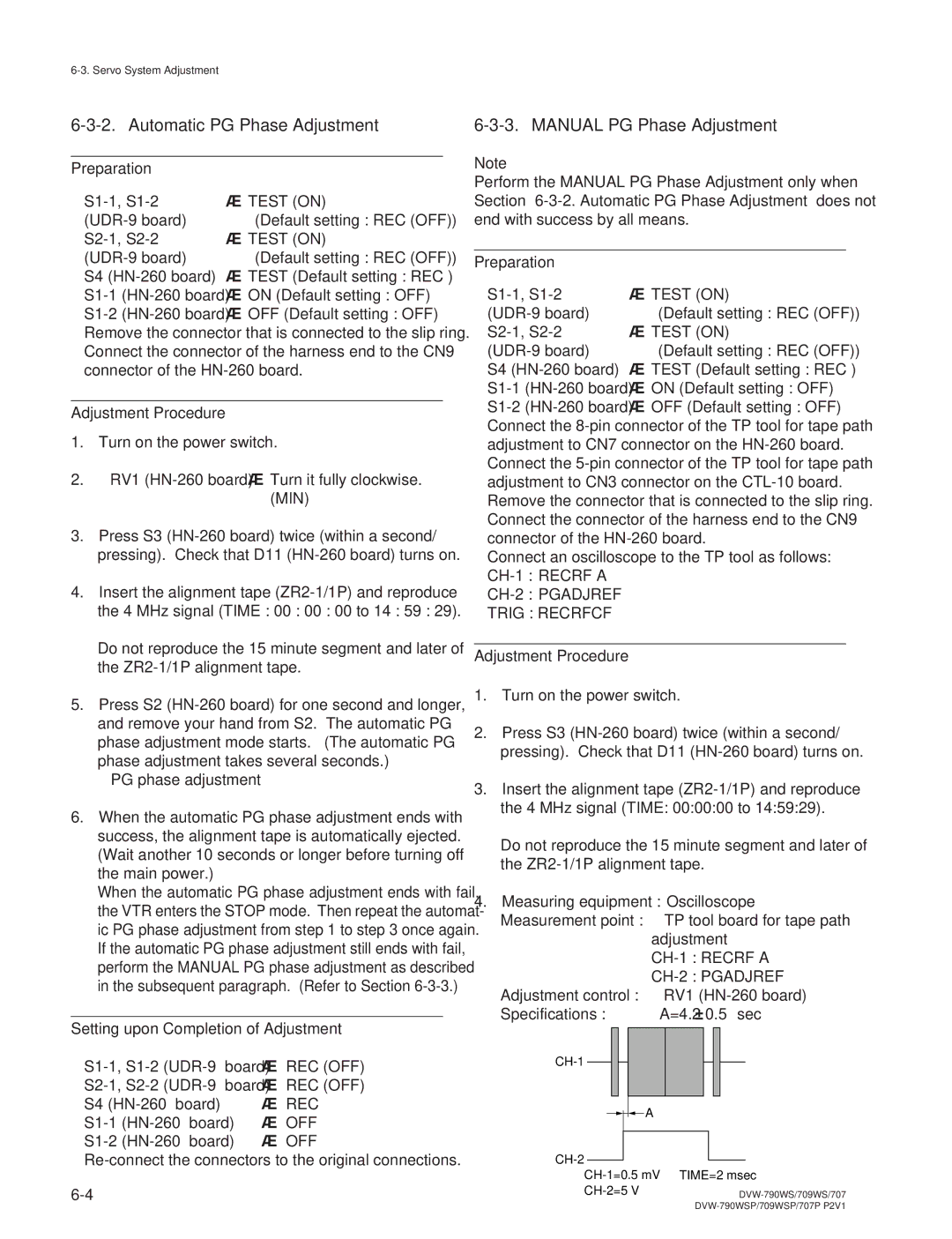 Sony DVW-790WS/790WSP, DVW-709WS/709WSP manual Automatic PG Phase Adjustment, Manual PG Phase Adjustment 