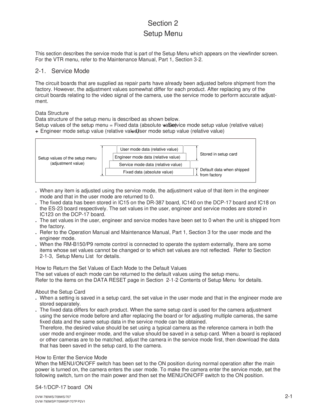 Sony DVW-709WS/709WSP, DVW-790WS/790WSP manual Data Structure, About the Setup Card, How to Enter the Service Mode 