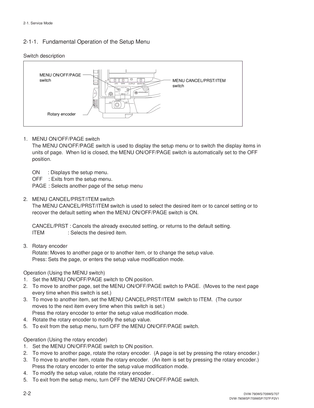 Sony DVW-790WS/790WSP, DVW-709WS/709WSP manual Fundamental Operation of the Setup Menu 