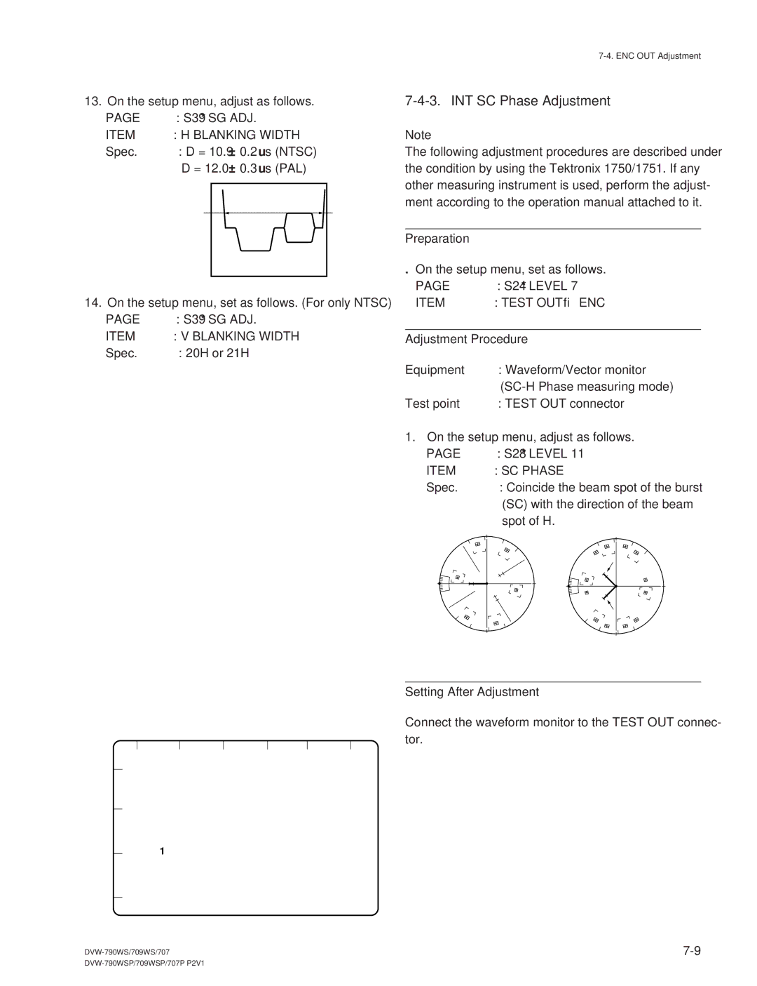 Sony DVW-709WS/709WSP, DVW-790WS/790WSP manual INT SC Phase Adjustment, Blanking Width, Setting After Adjustment, IRE Ntsc 