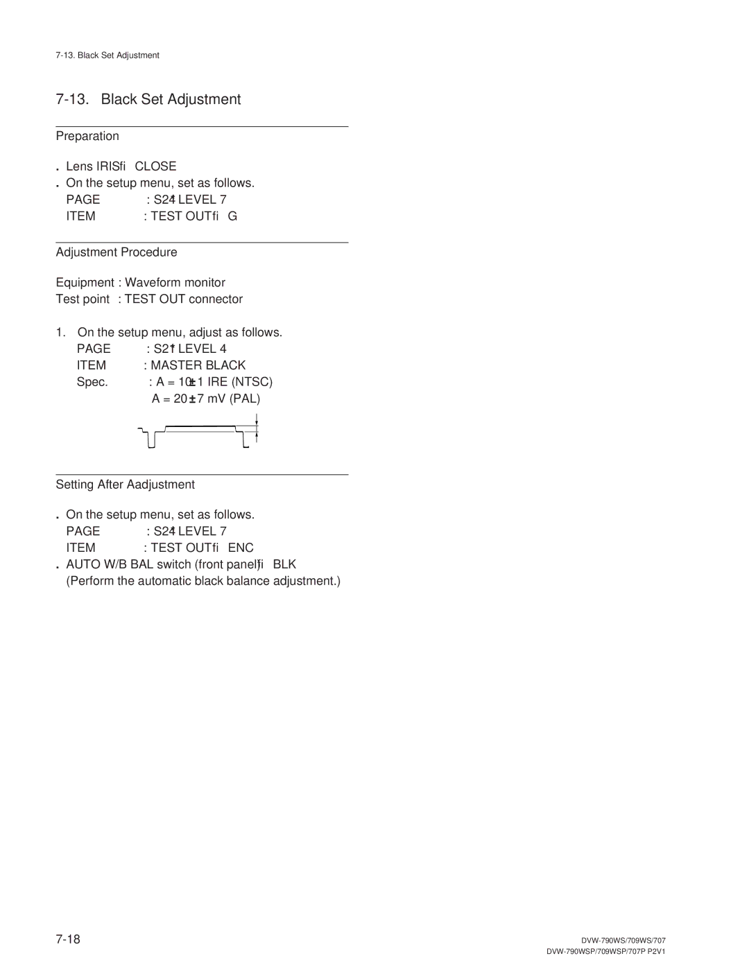 Sony DVW-790WS/790WSP, DVW-709WS/709WSP manual Black Set Adjustment, Setting After Aadjustment 