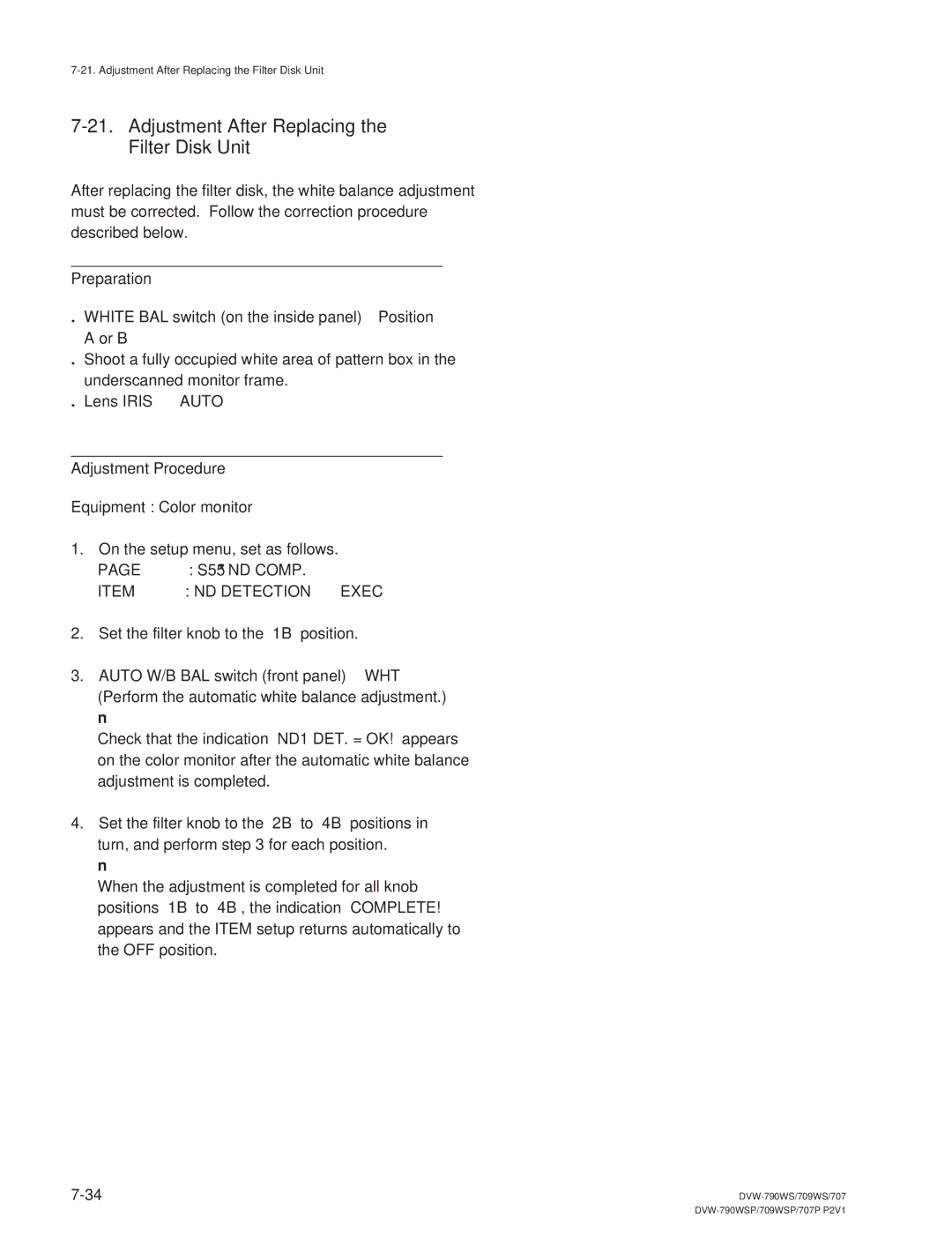 Sony DVW-790WS/790WSP, DVW-709WS/709WSP manual Adjustment After Replacing Filter Disk Unit, ND Detection → Exec 