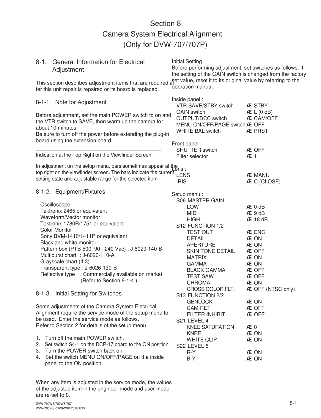 Sony DVW-709WS/709WSP Initial Setting for Switches, Lens, Iris → C Close, S06*MASTER Gain, CAM RET → OFF Filter Inhibit 