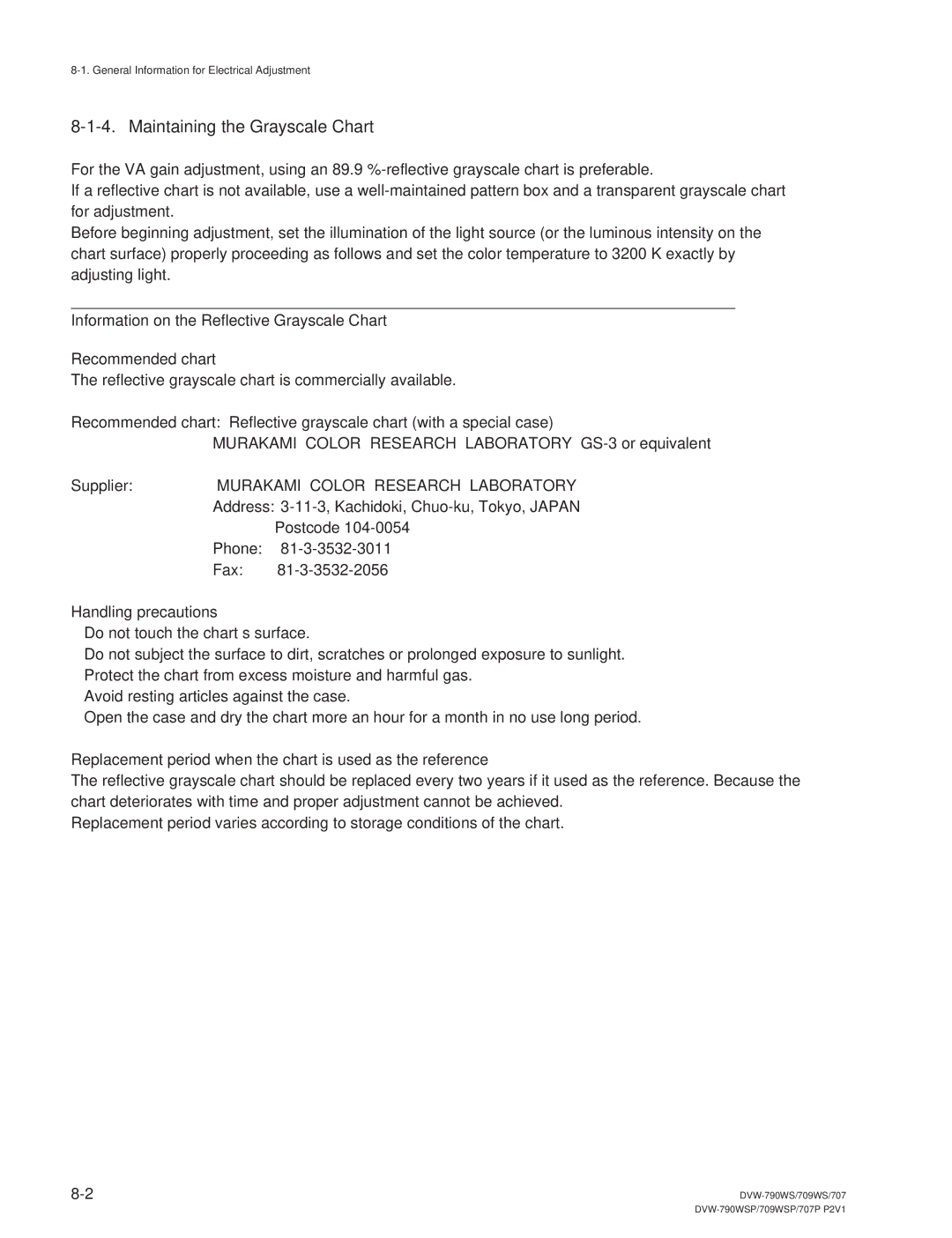 Sony DVW-790WS/790WSP, DVW-709WS/709WSP manual Maintaining the Grayscale Chart 