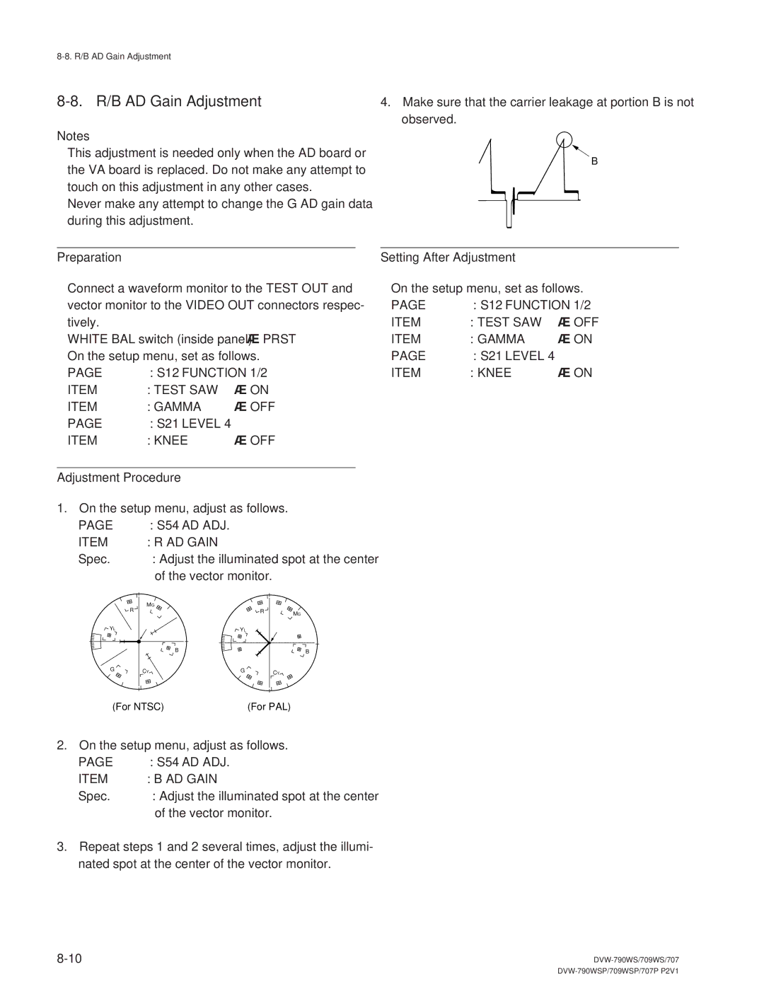 Sony DVW-790WS/790WSP, DVW-709WS/709WSP manual Make sure that the carrier leakage at portion B is not 