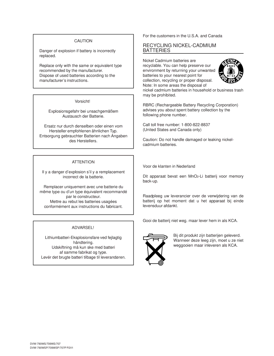 Sony DVW-709WS/709WSP, DVW-790WS/790WSP manual Recycling NICKEL-CADMIUM Batteries 