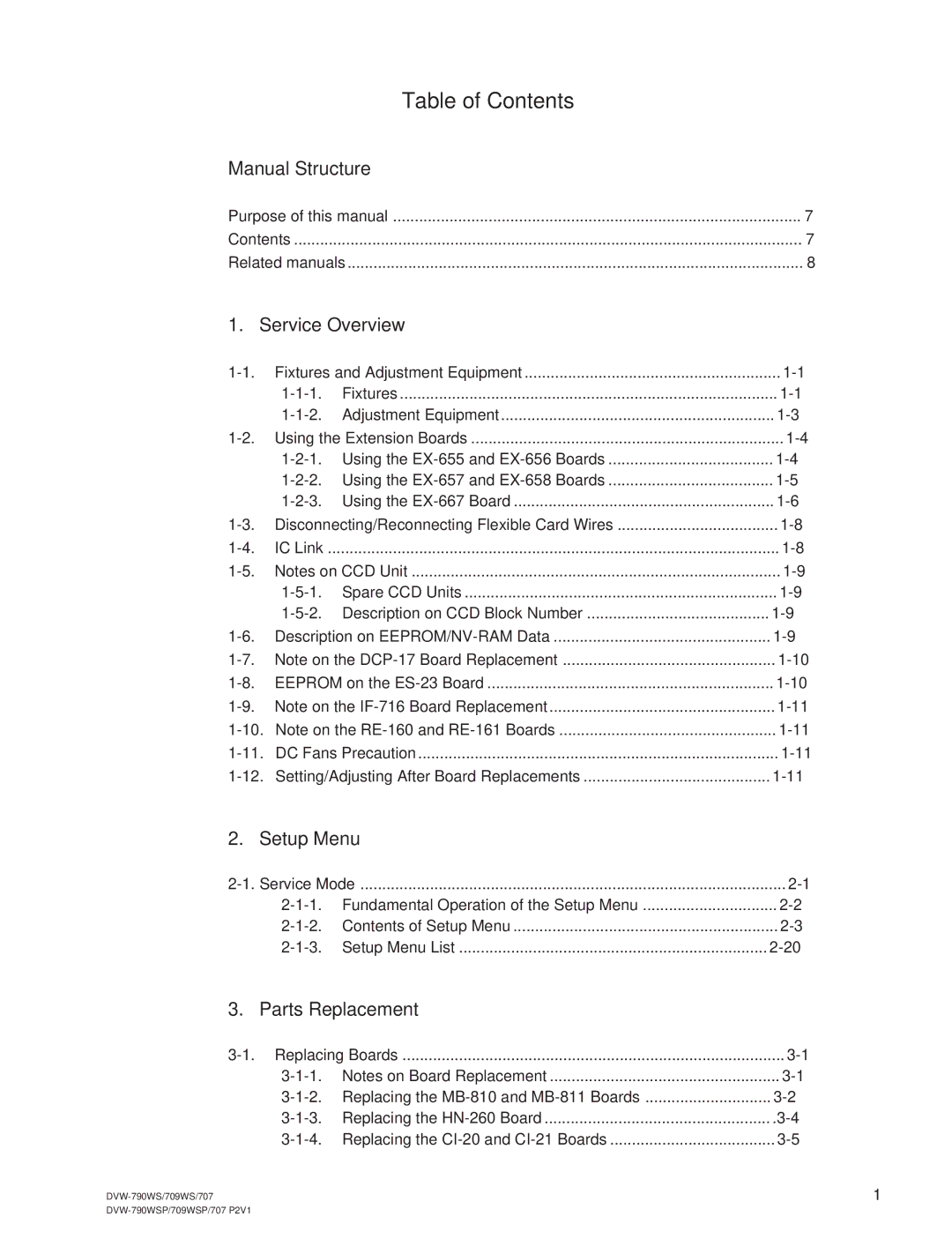 Sony DVW-709WS/709WSP, DVW-790WS/790WSP manual Table of Contents 