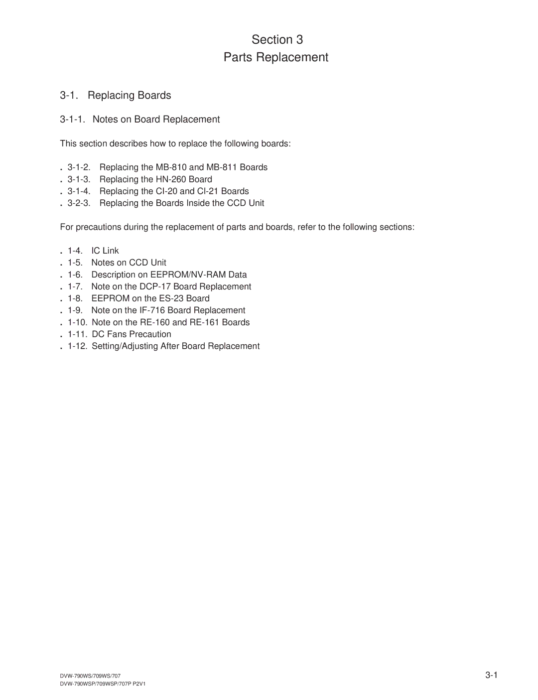 Sony DVW-709WS/709WSP, DVW-790WS/790WSP manual Section Parts Replacement, Replacing Boards 