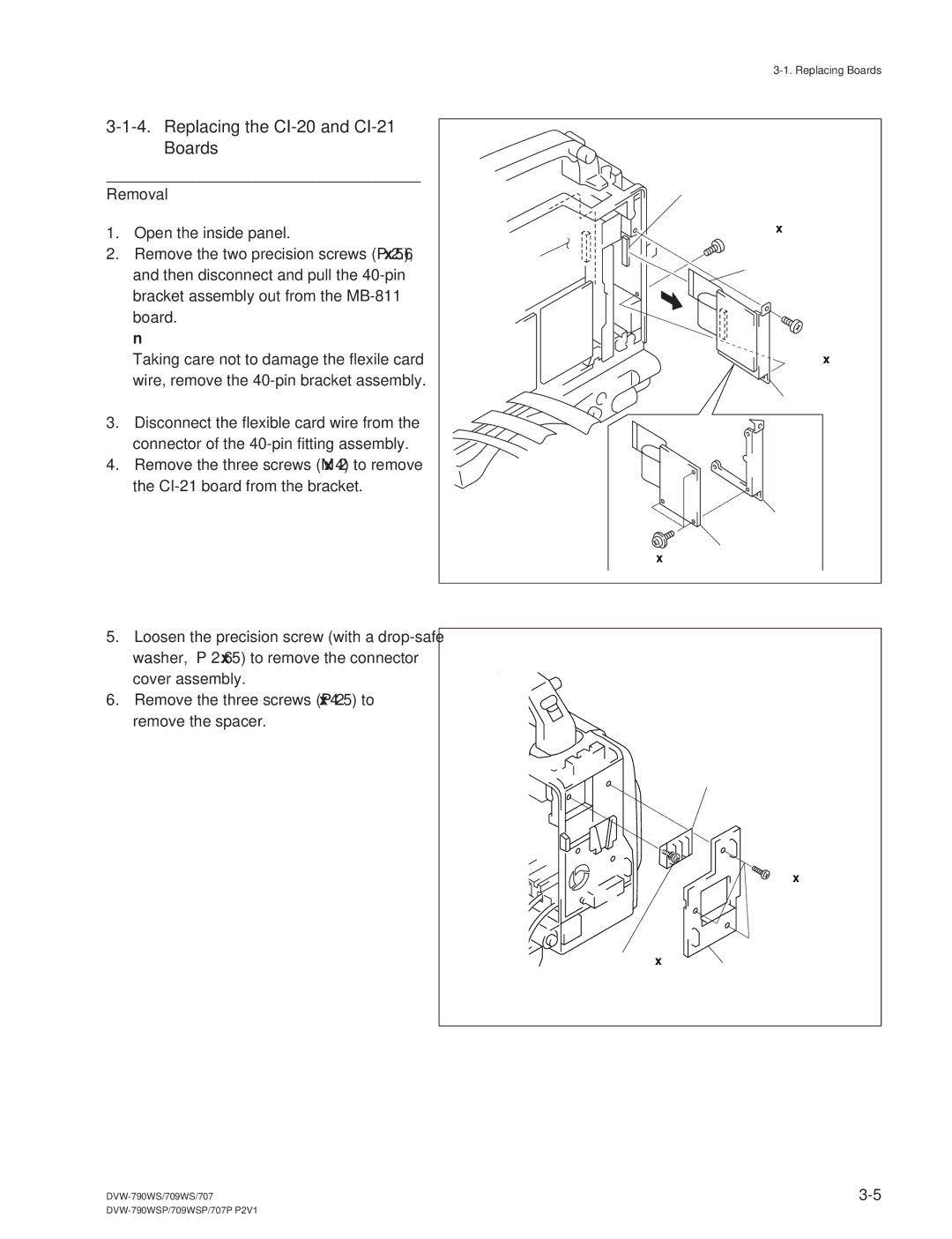 Sony DVW-709WS/709WSP, DVW-790WS/790WSP manual Replacing the CI-20 and CI-21 Boards, Removal 