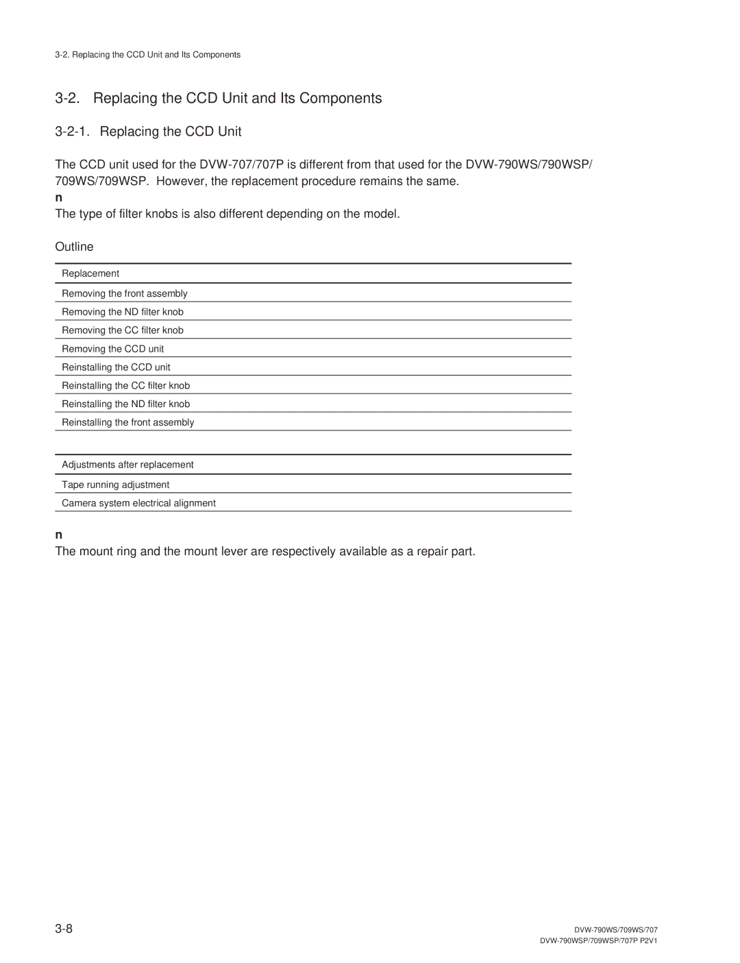 Sony DVW-790WS/790WSP manual Replacing the CCD Unit and Its Components, Outline, Replacement, Adjustments after replacement 