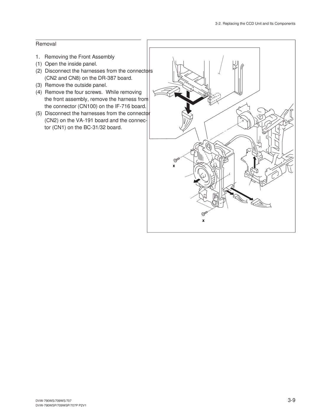 Sony DVW-709WS/709WSP, DVW-790WS/790WSP manual Removal Removing the Front Assembly, CN1 CN2 