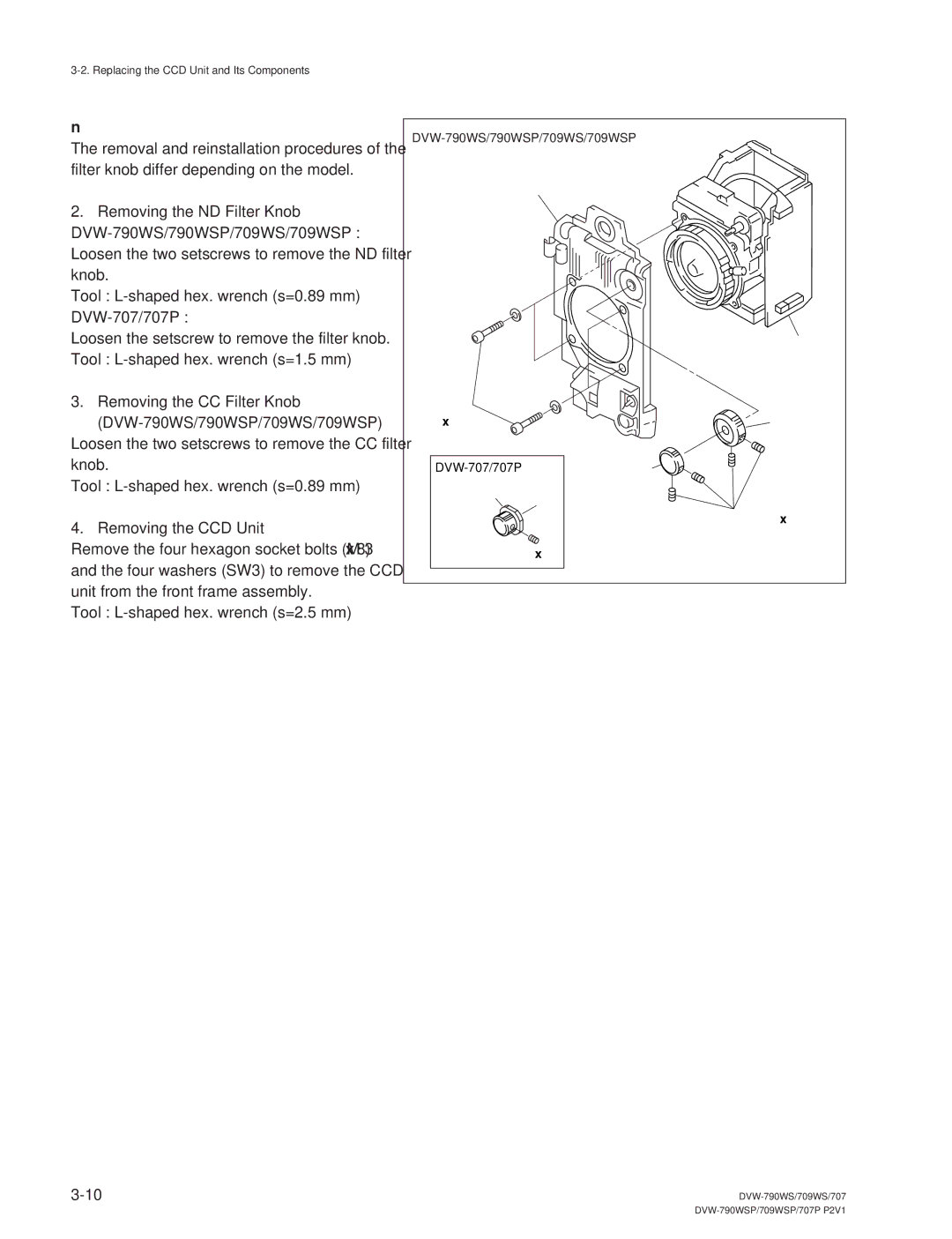 Sony Removing the ND Filter Knob, Removing the CC Filter Knob DVW-790WS/790WSP/709WS/709WSP, Removing the CCD Unit 