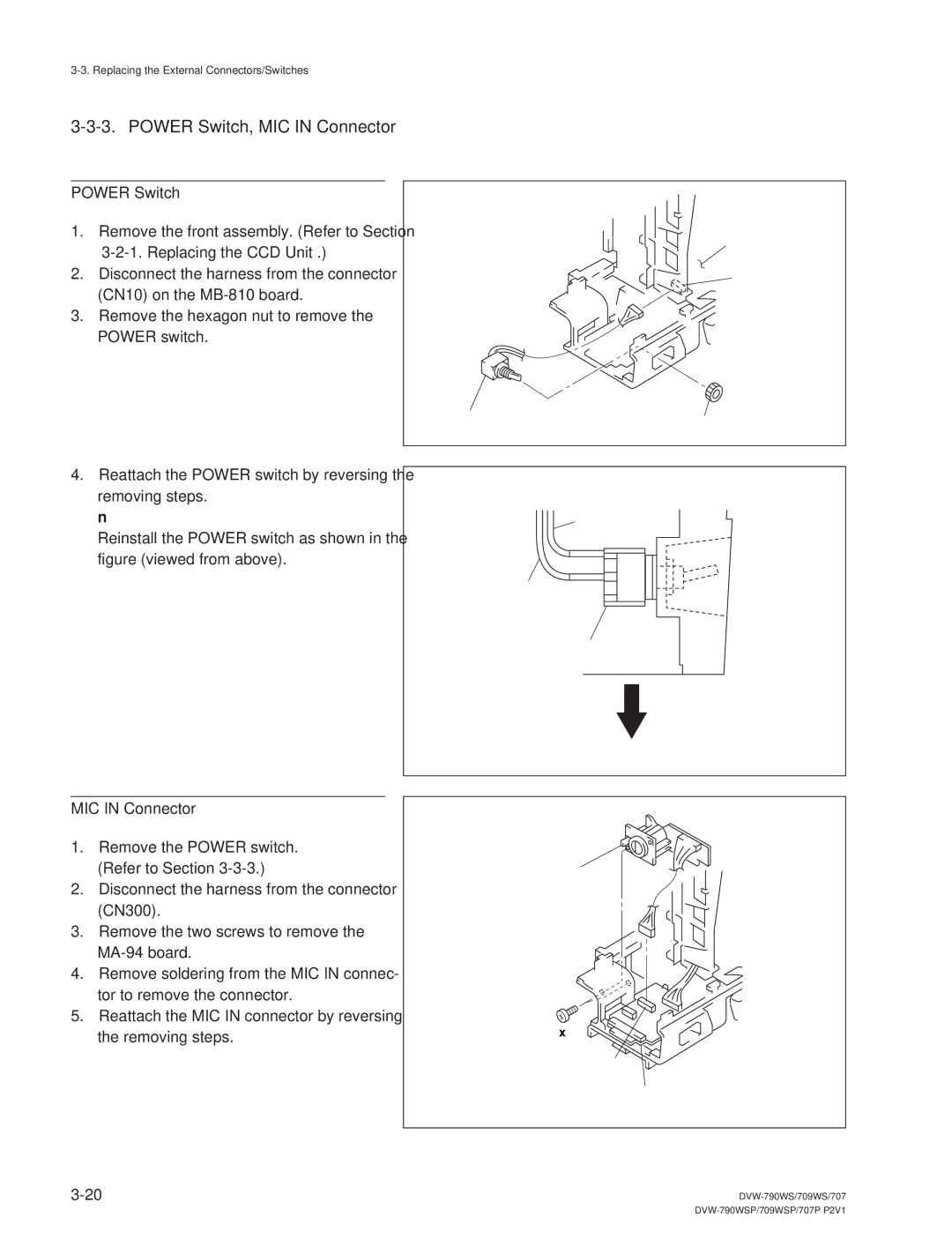 Sony DVW-790WS/790WSP, DVW-709WS/709WSP manual Power Switch, MIC in Connector 