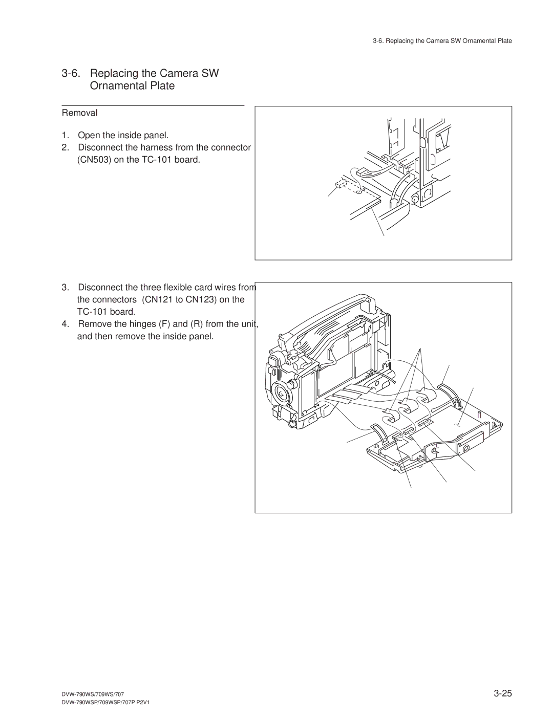 Sony DVW-709WS/709WSP, DVW-790WS/790WSP manual Replacing the Camera SW Ornamental Plate 