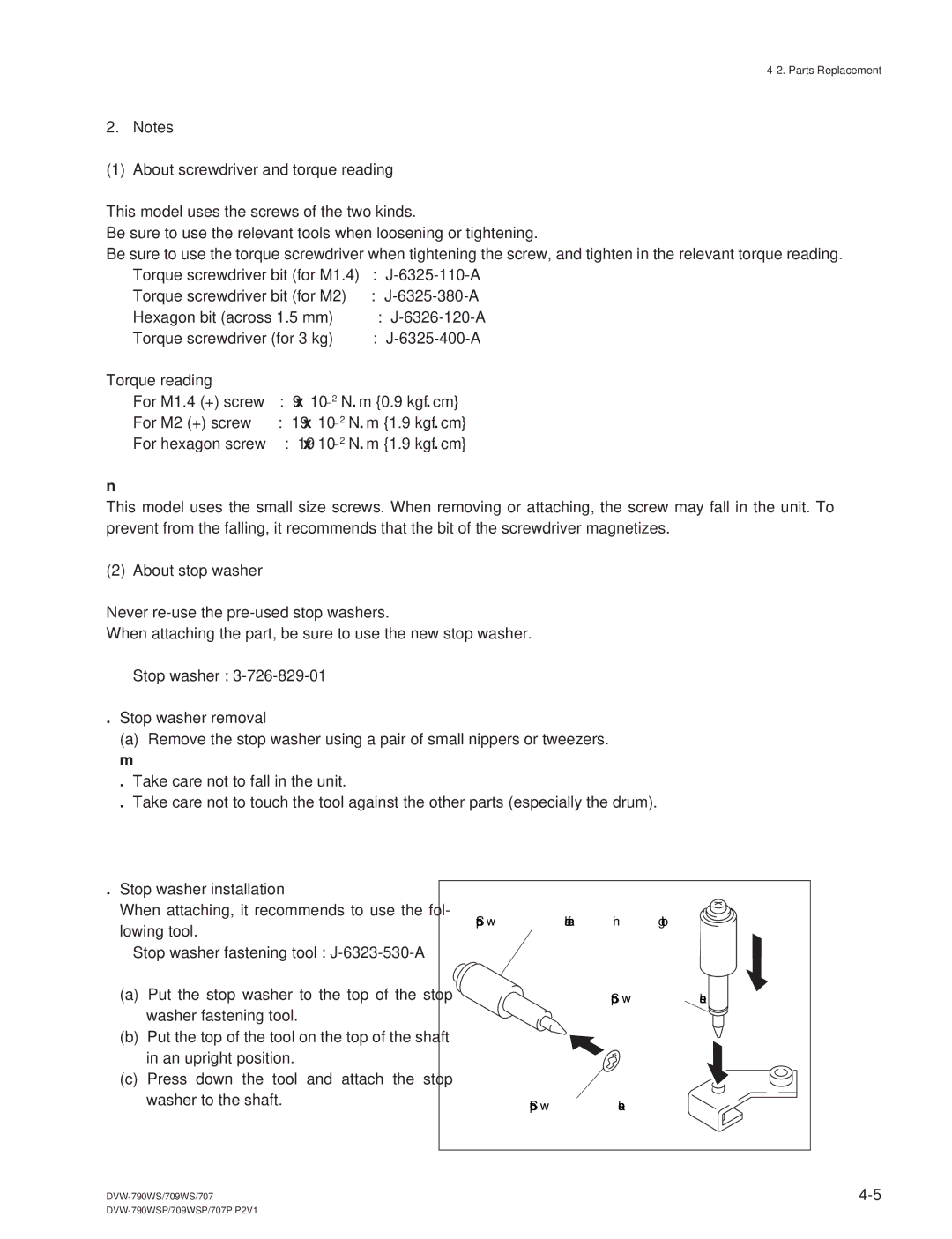 Sony DVW-709WS/709WSP, DVW-790WS/790WSP manual About screwdriver and torque reading, About stop washer 