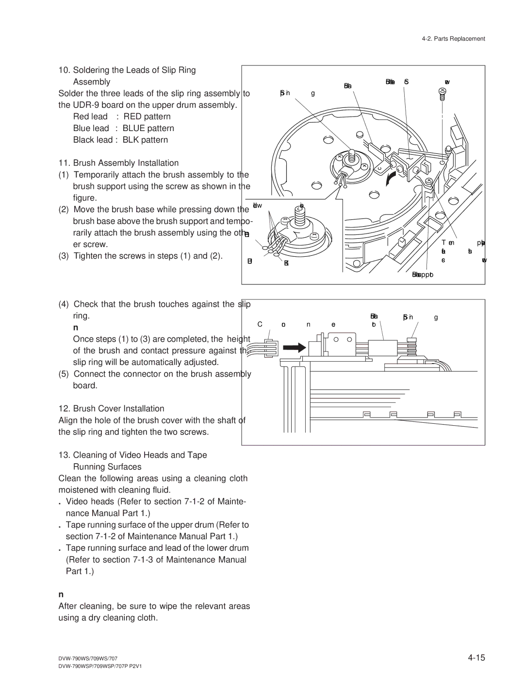 Sony DVW-709WS/709WSP Soldering the Leads of Slip Ring Assembly, Brush Assembly Installation, Brush Cover Installation 