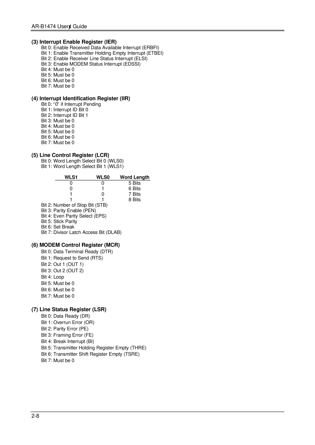 Sony 486DX, DX4, AR-B1474 Interrupt Enable Register IER, Interrupt Identification Register IIR, Line Control Register LCR 