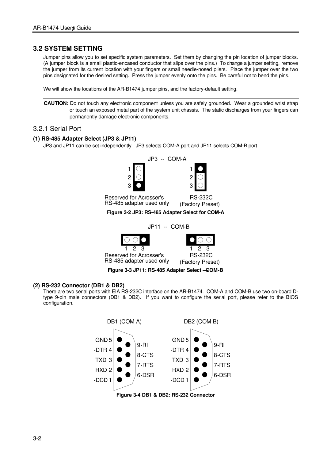 Sony AR-B1474, DX4, 486DX manual System Setting, Serial Port, RS-485 Adapter Select JP3 & JP11, RS-232 Connector DB1 & DB2 