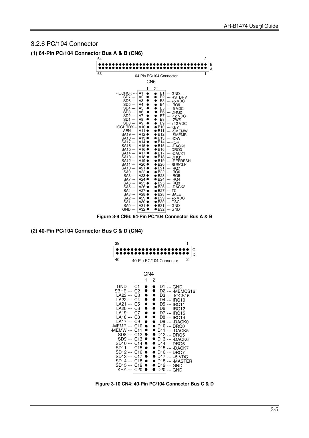 Sony AR-B1474, DX4, 486DX manual 6 PC/104 Connector, Pin PC/104 Connector Bus a & B CN6, Pin PC/104 Connector Bus C & D CN4 