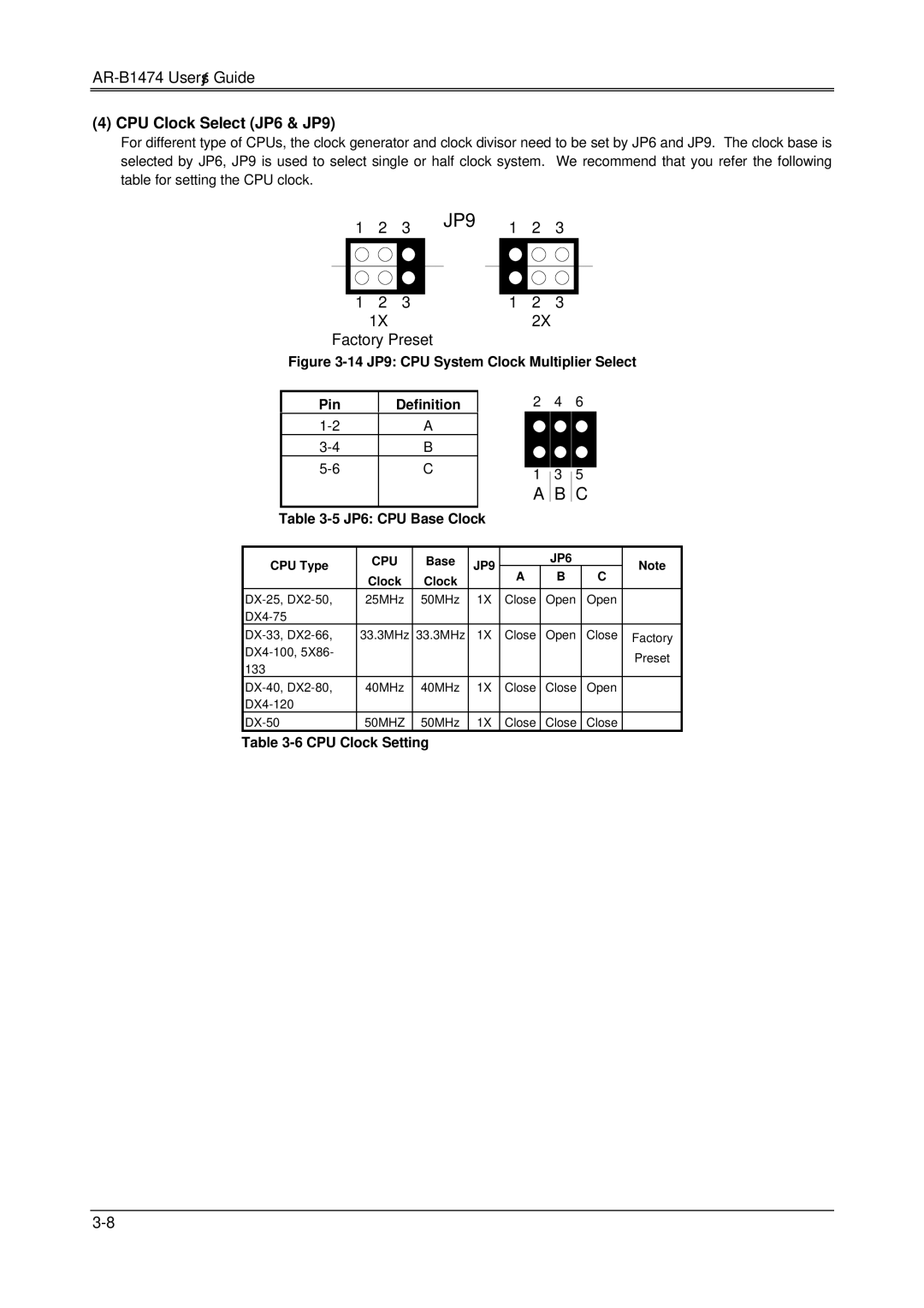 Sony AR-B1474, DX4, 486DX manual CPU Clock Select JP6 & JP9, CPU Clock Setting 