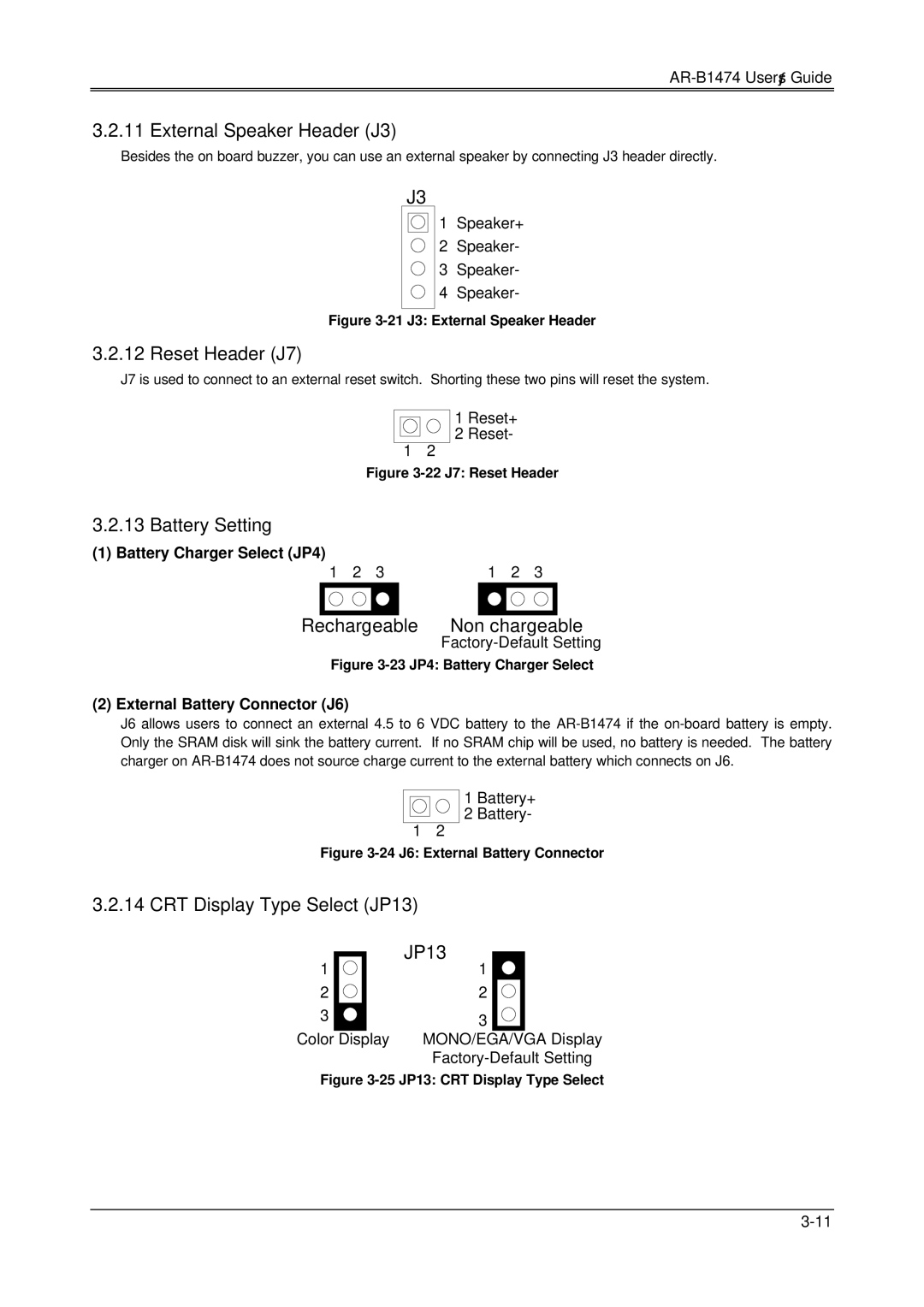 Sony AR-B1474, DX4, 486DX manual External Speaker Header J3, Reset Header J7, Battery Setting, CRT Display Type Select JP13 